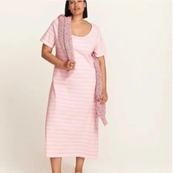 J Crew Midi T-Shirt Dress Ballerina Pink Stripe Preppy Vacation Minimalist BG216 - Picture 1 of 7